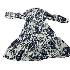 Elegant White Long Sleeve Dress with Navy Flowers